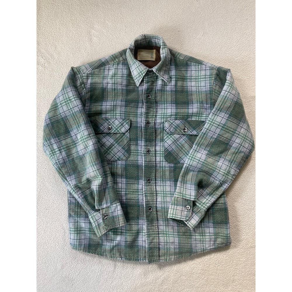Vintage 80s Sears Fieldmaster Mens Medium Shirt Jacket Green Plaid Lined Flannel